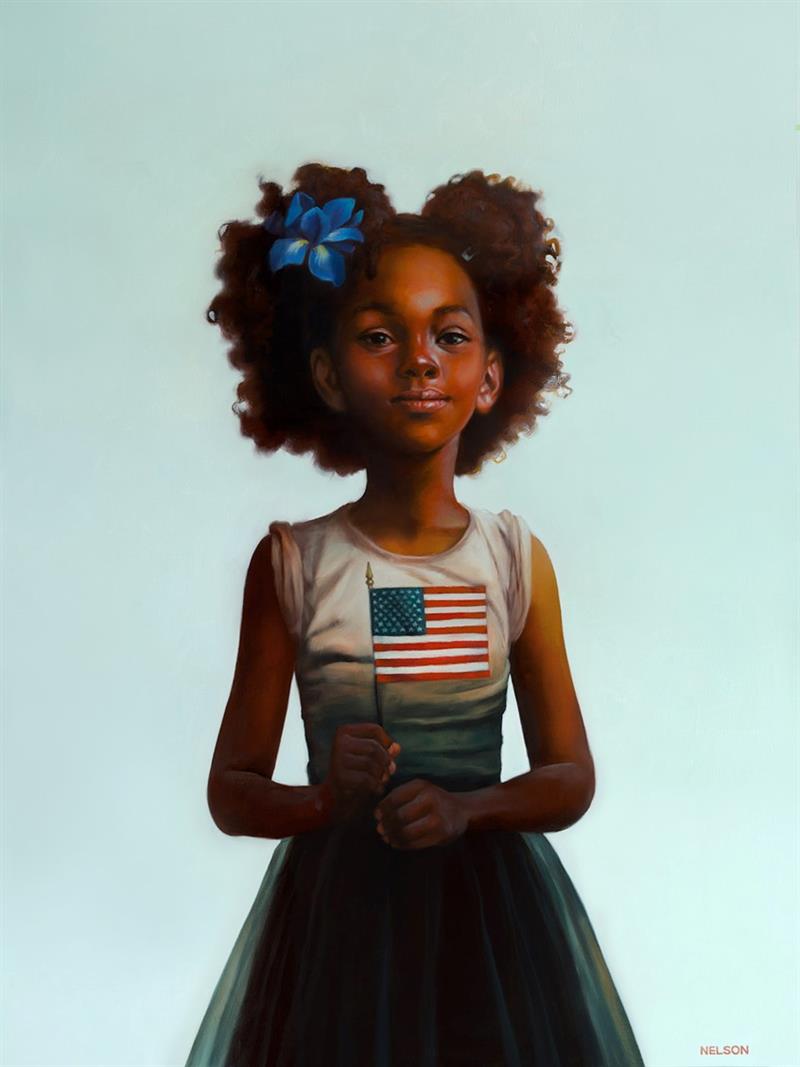 Young, Black child holds an American flag.