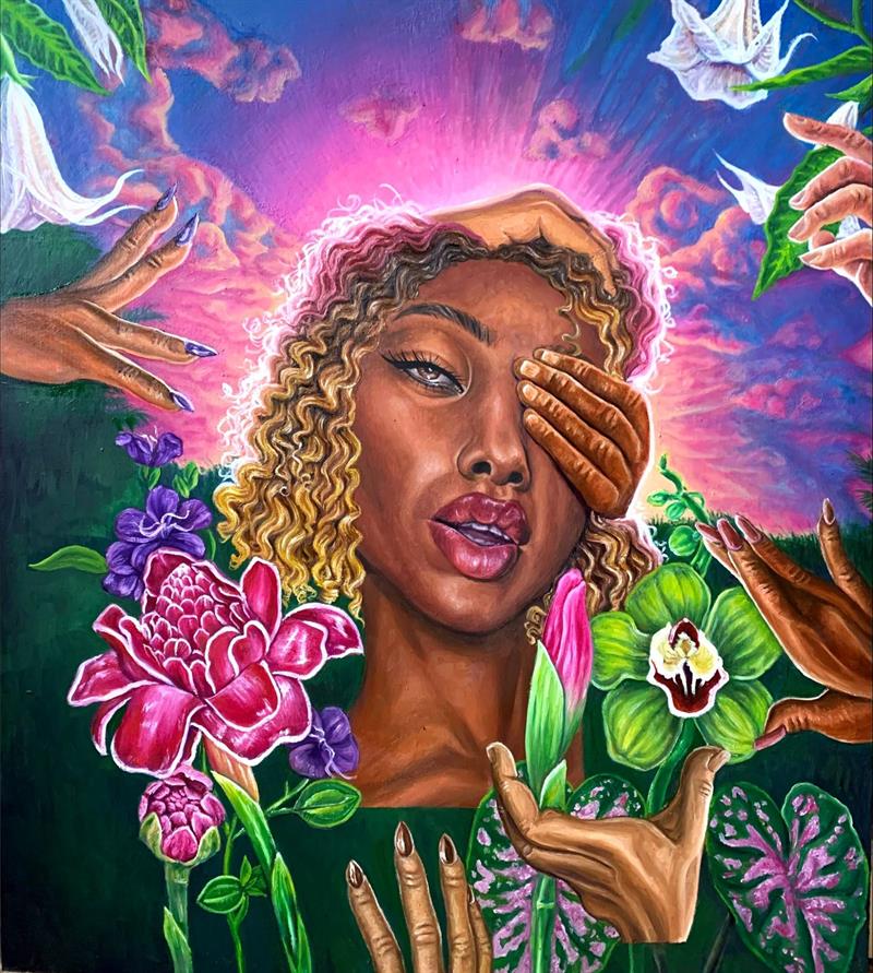 Painting of a Black women surrounded by flowers with five hands reaching out to her